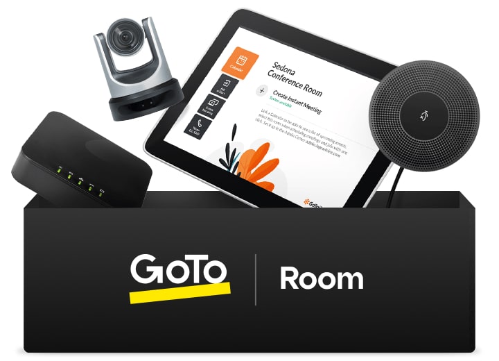 Das GoTo Room-Hardwarepaket zeigt den Karton und verschiedene Geräte. 